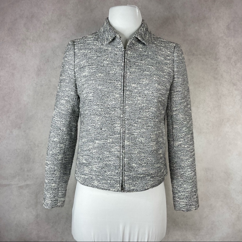 J. Crew Black White Front Zip Tweed Collared Jacket Women's Size 0